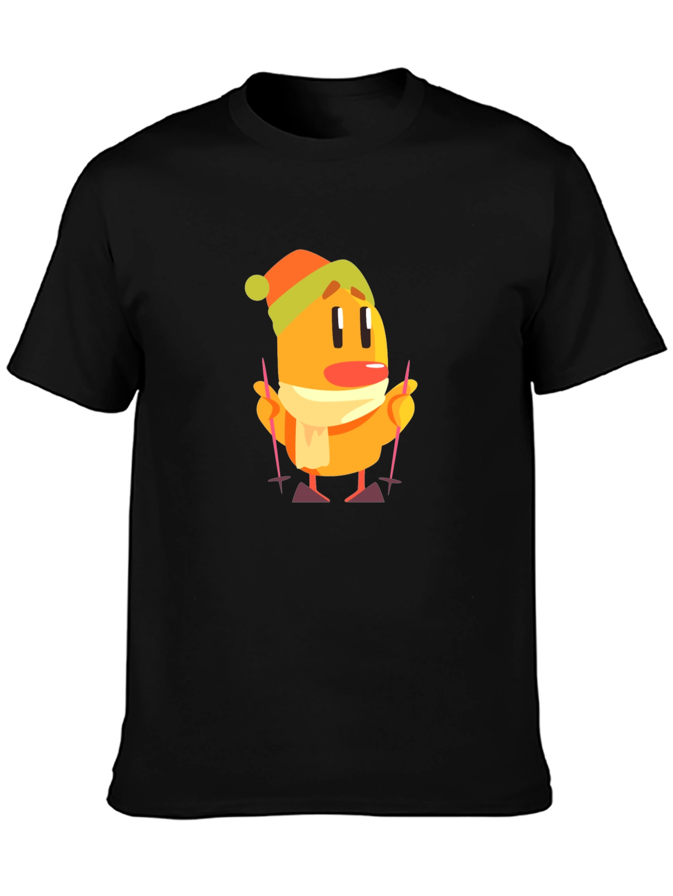 Cartoon Skiing Character Black T-Shirt