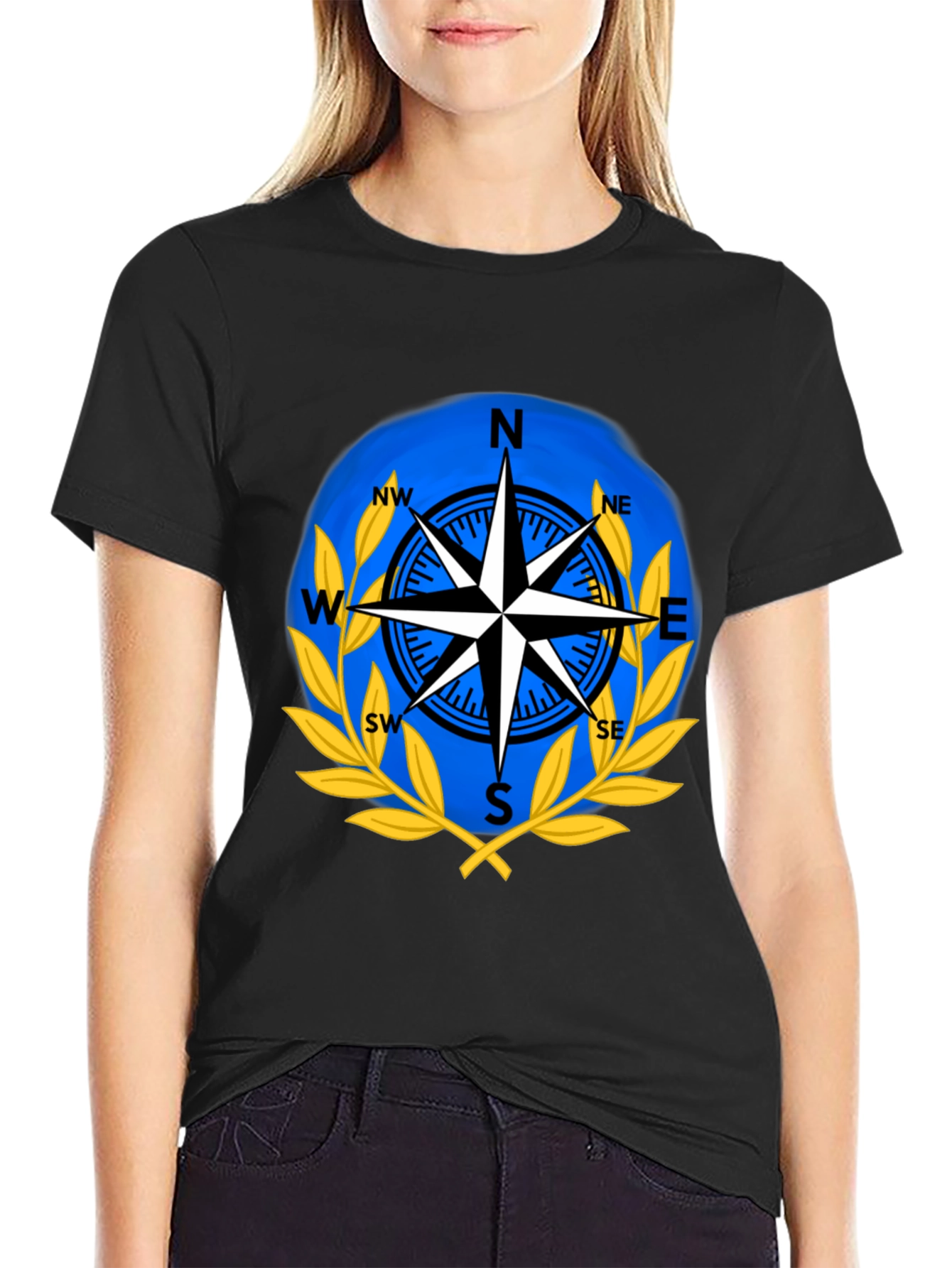 Compass Rose Graphic T-Shirt - Black Cotton Blend