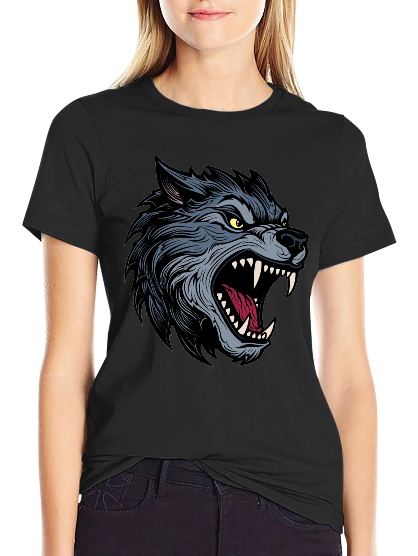 Mens Black T-Shirt with Wolf Graphic