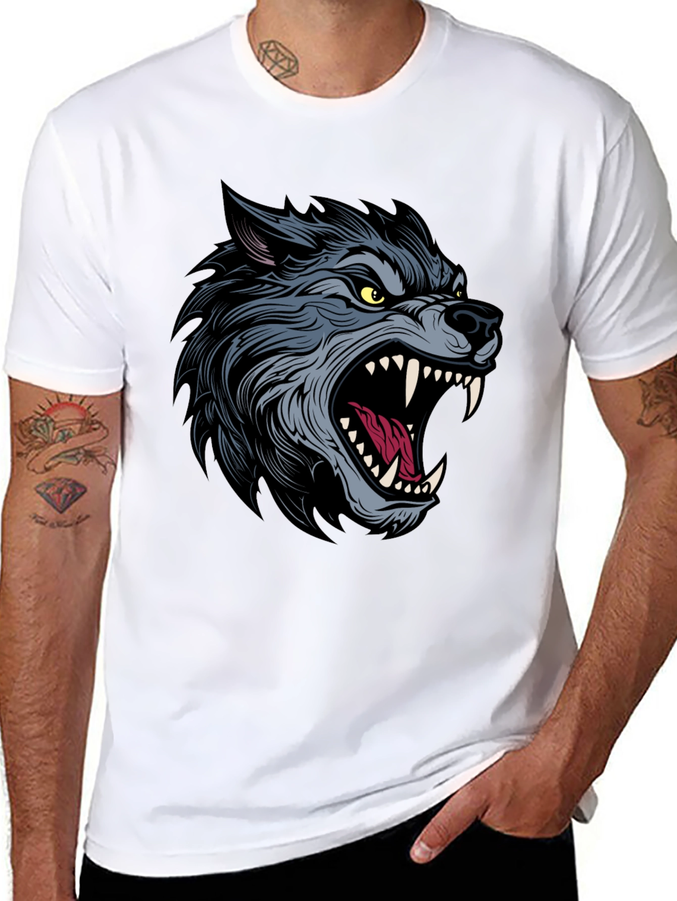 Mens Black T-Shirt with Wolf Graphic