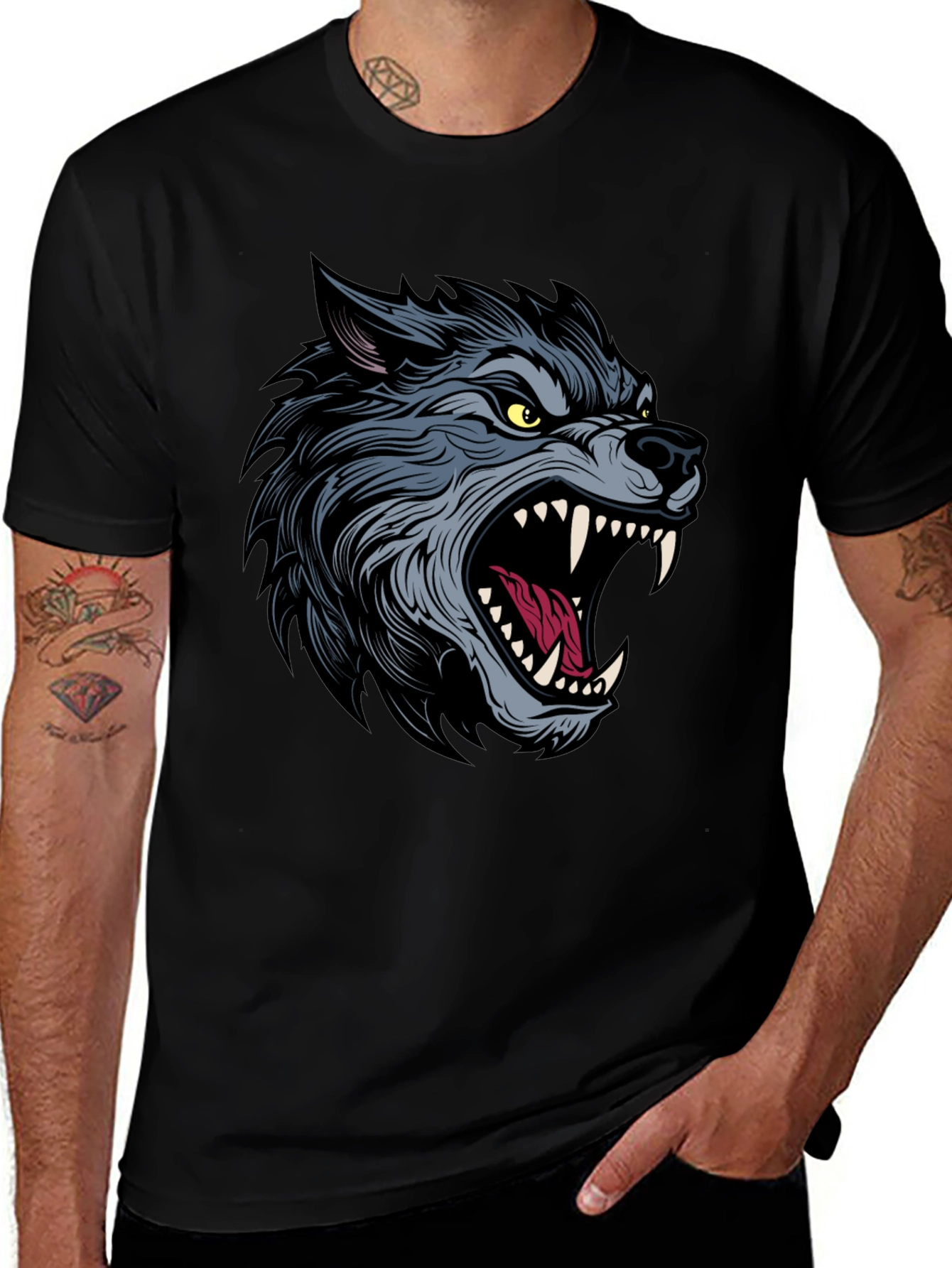 Mens Black T-Shirt with Wolf Graphic