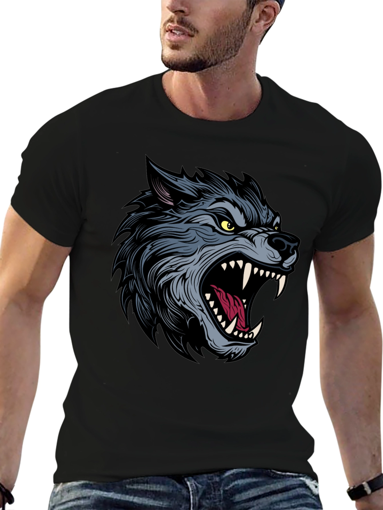 Mens Black T-Shirt with Wolf Graphic