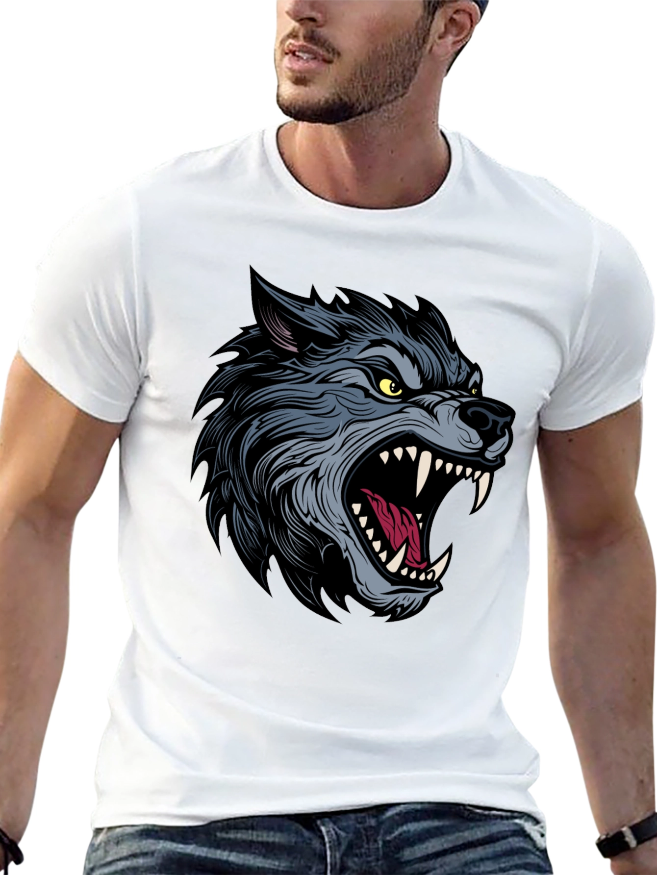 Mens Black T-Shirt with Wolf Graphic
