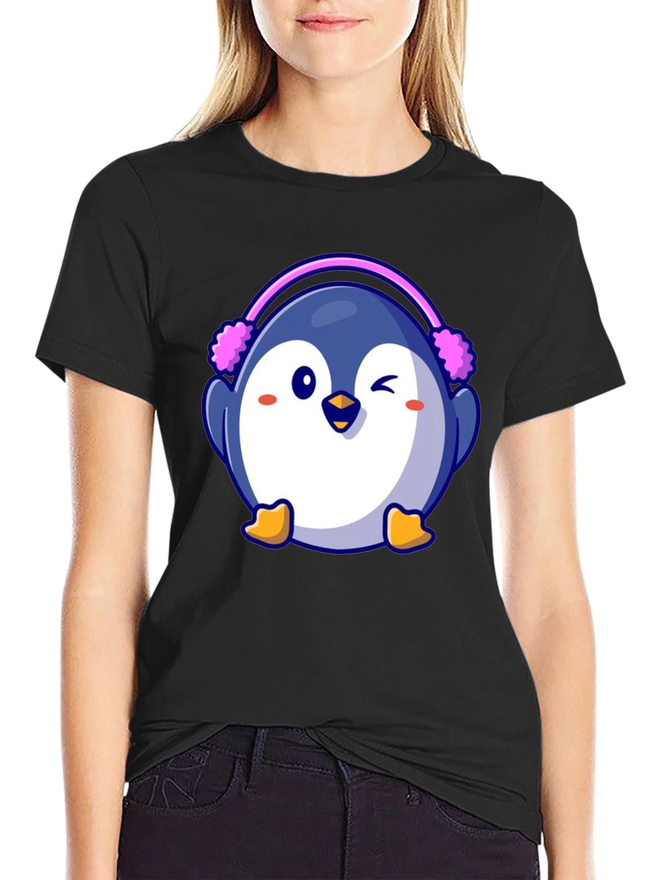 Cute Penguin with Earmuffs Black T-Shirt