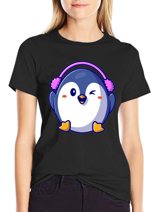 Cute Penguin with Earmuffs Black T-Shirt