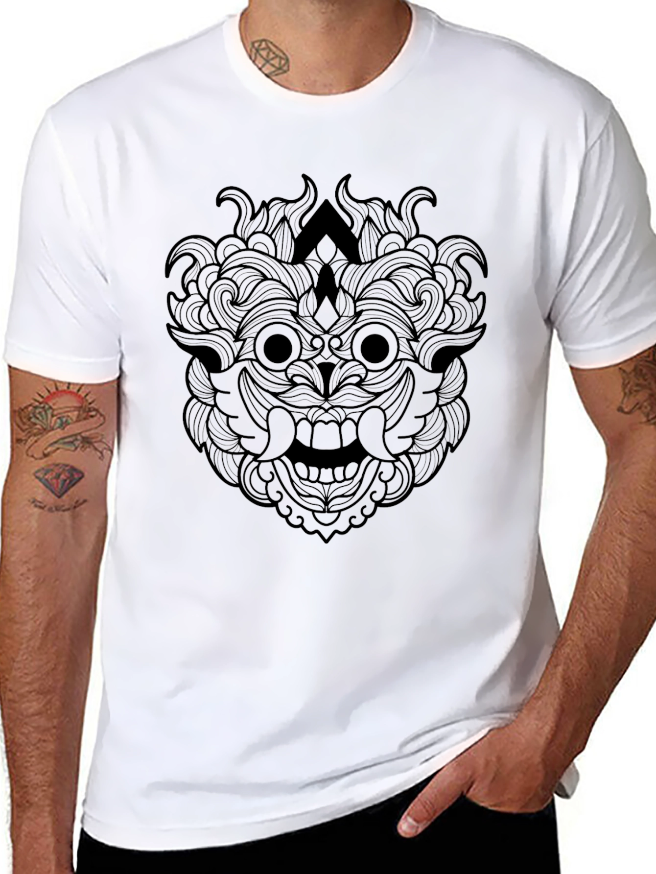 Black Graphic Tee - Intricate Mask Design