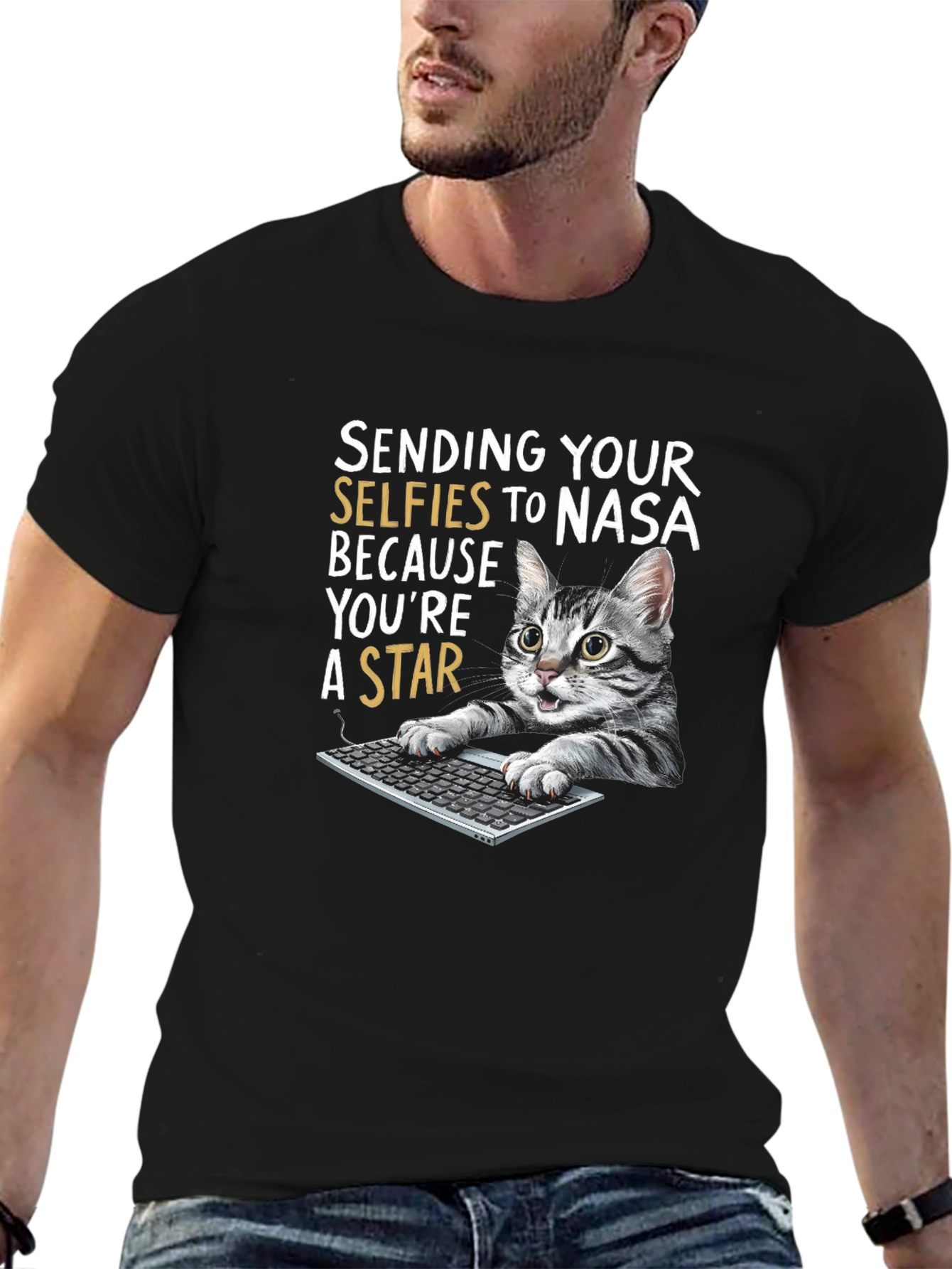 Funny Cat T-Shirt - Sending Selfies to NASA