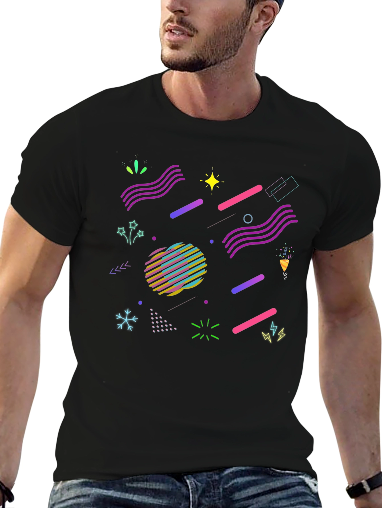 Retro 80s Geometric Pattern Black T-Shirt