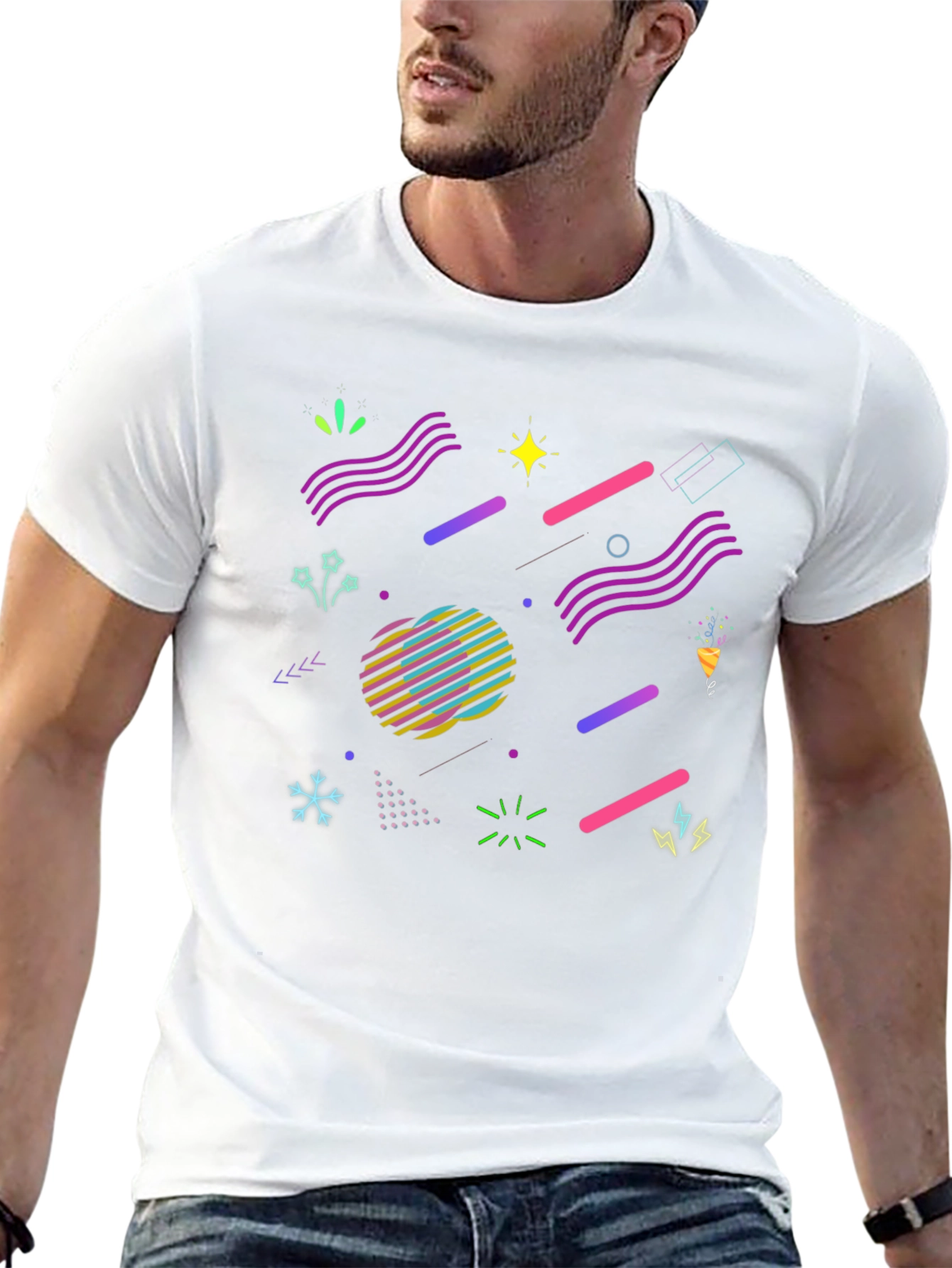 Retro 80s Geometric Pattern Black T-Shirt