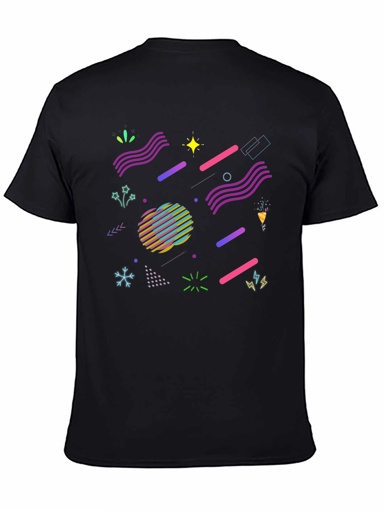 Retro 80s Geometric Pattern Black T-Shirt
