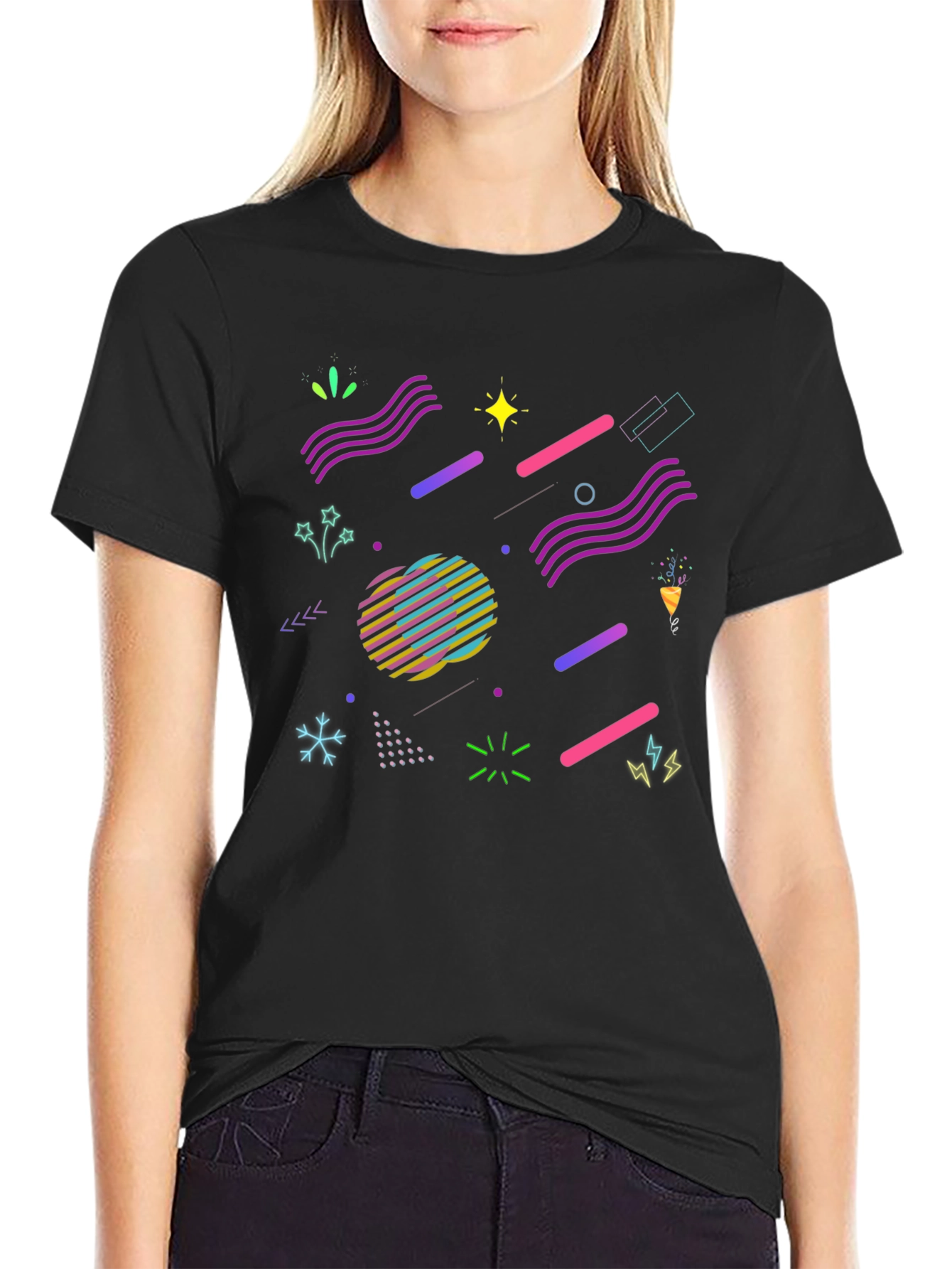 Retro 80s Geometric Pattern Black T-Shirt