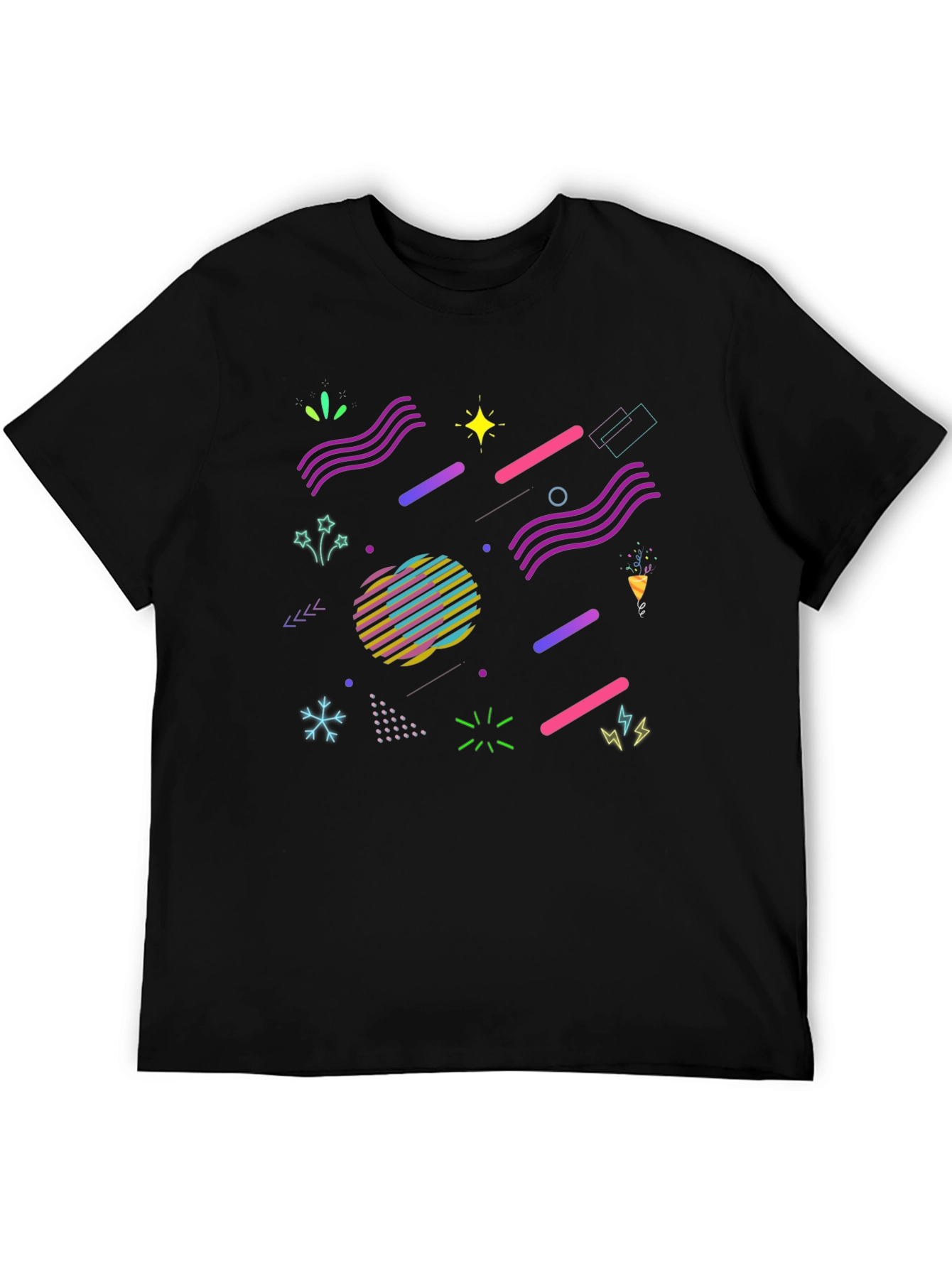 Retro 80s Geometric Pattern Black T-Shirt