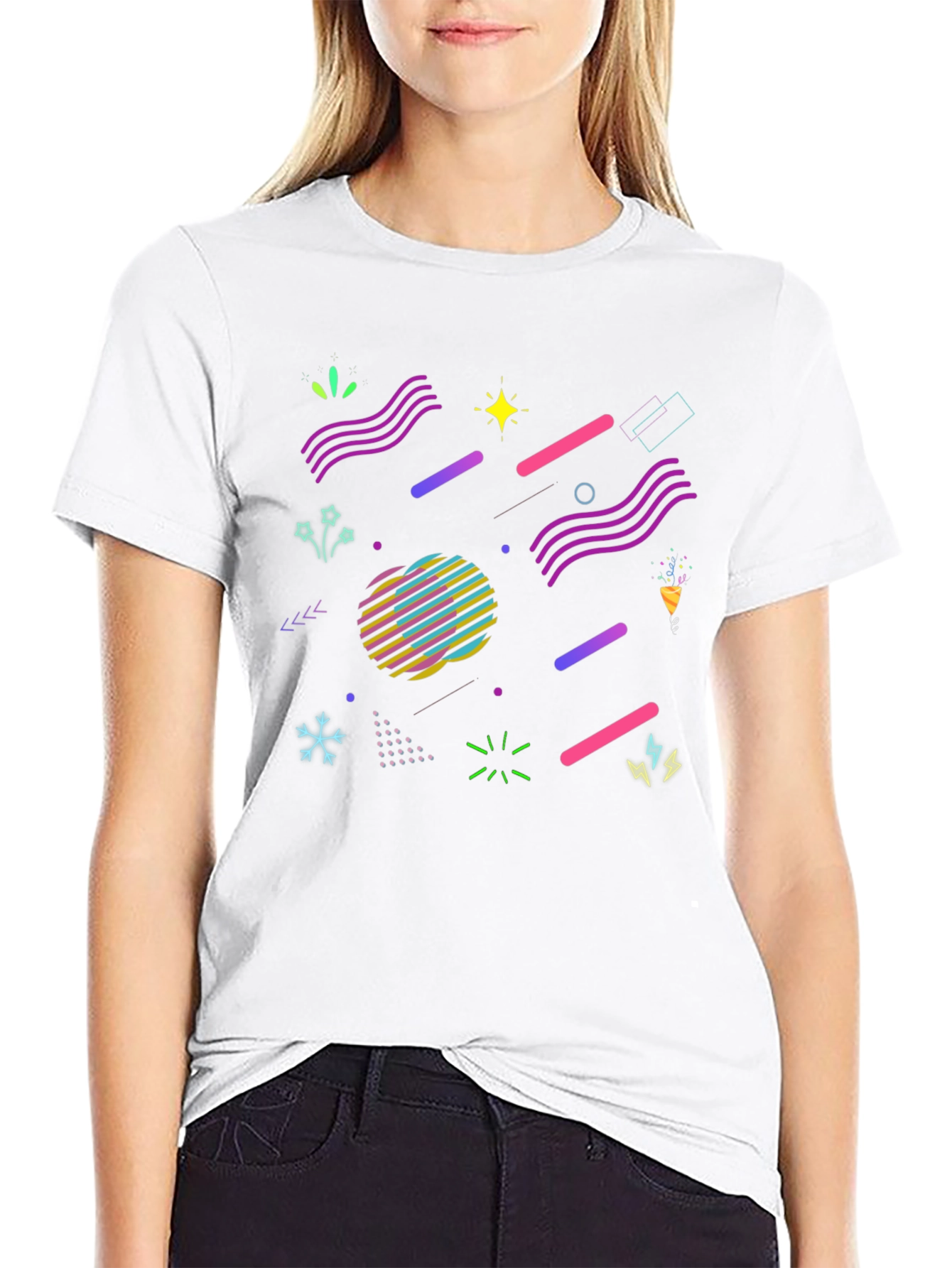 Retro 80s Geometric Pattern Black T-Shirt