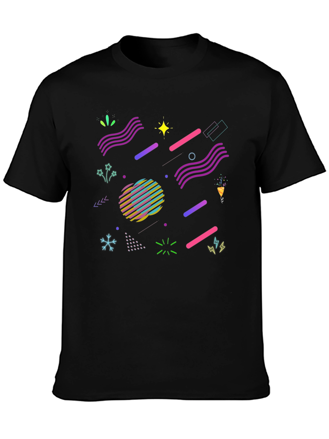 Retro 80s Geometric Pattern Black T-Shirt