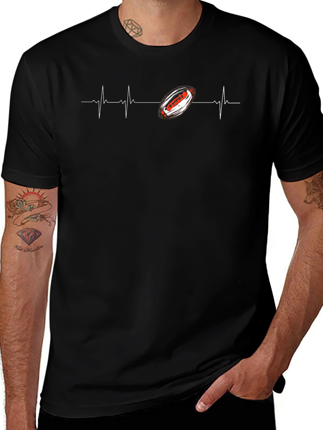 Football Heartbeat Graphic Tee - Black Cotton T-Shirt