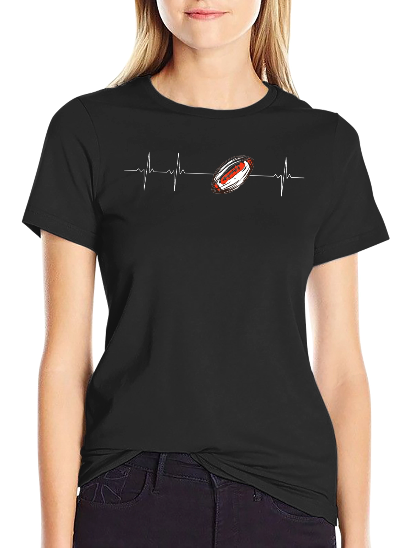 Football Heartbeat Graphic Tee - Black Cotton T-Shirt
