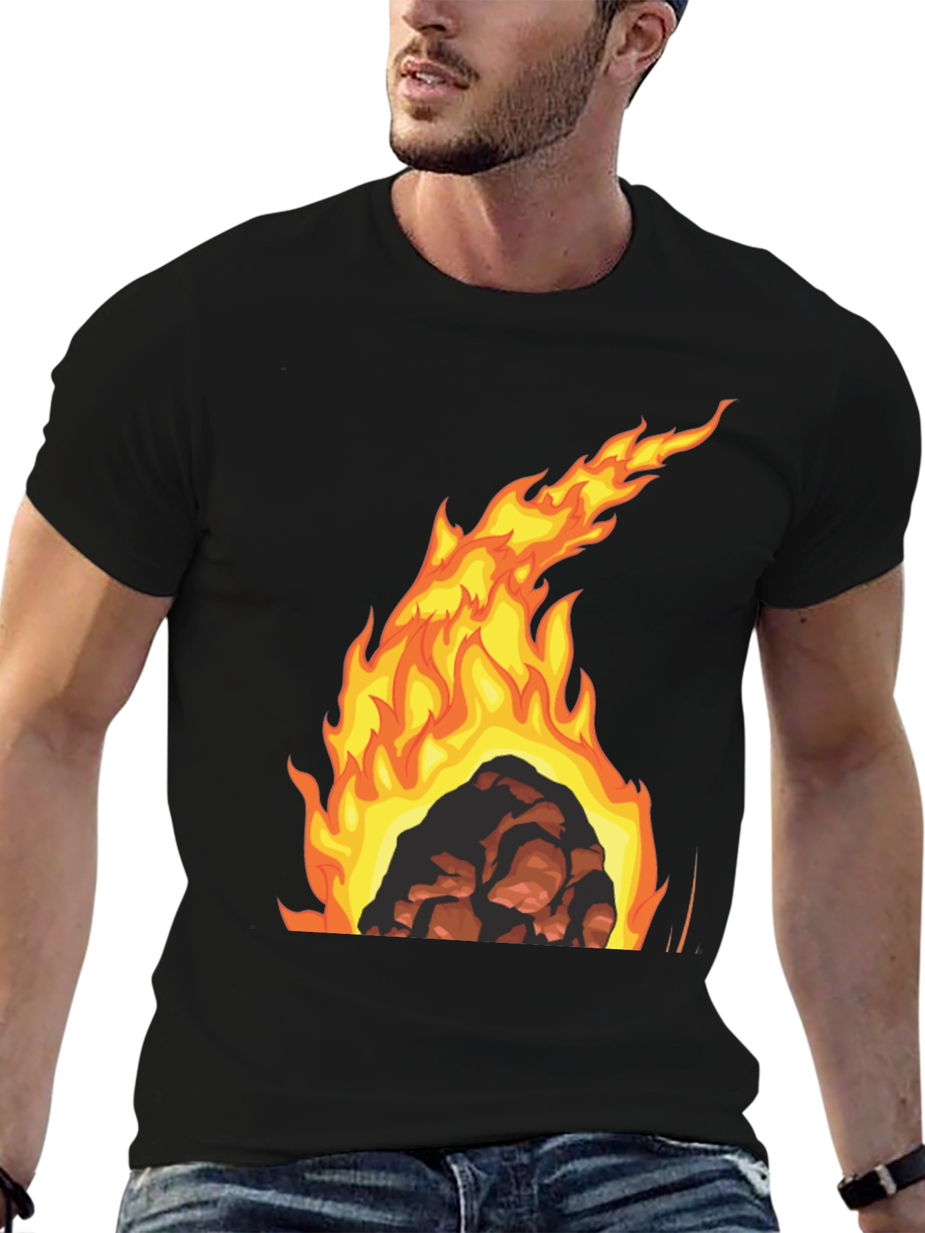 Fiery Rock Graphic Tee - Bold Black T-Shirt