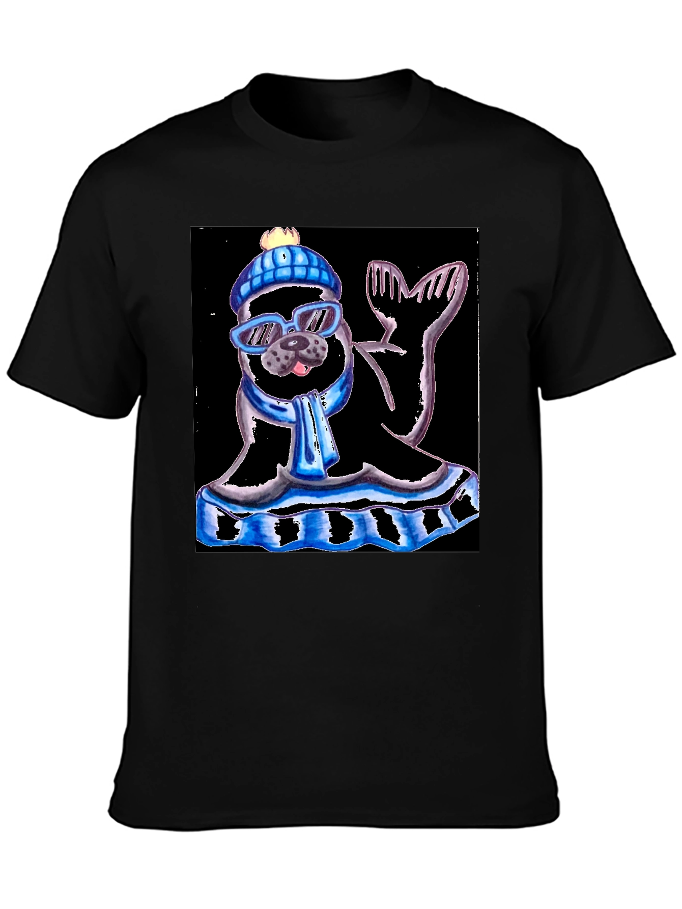 Seal with Hat and Shades Black T-Shirt