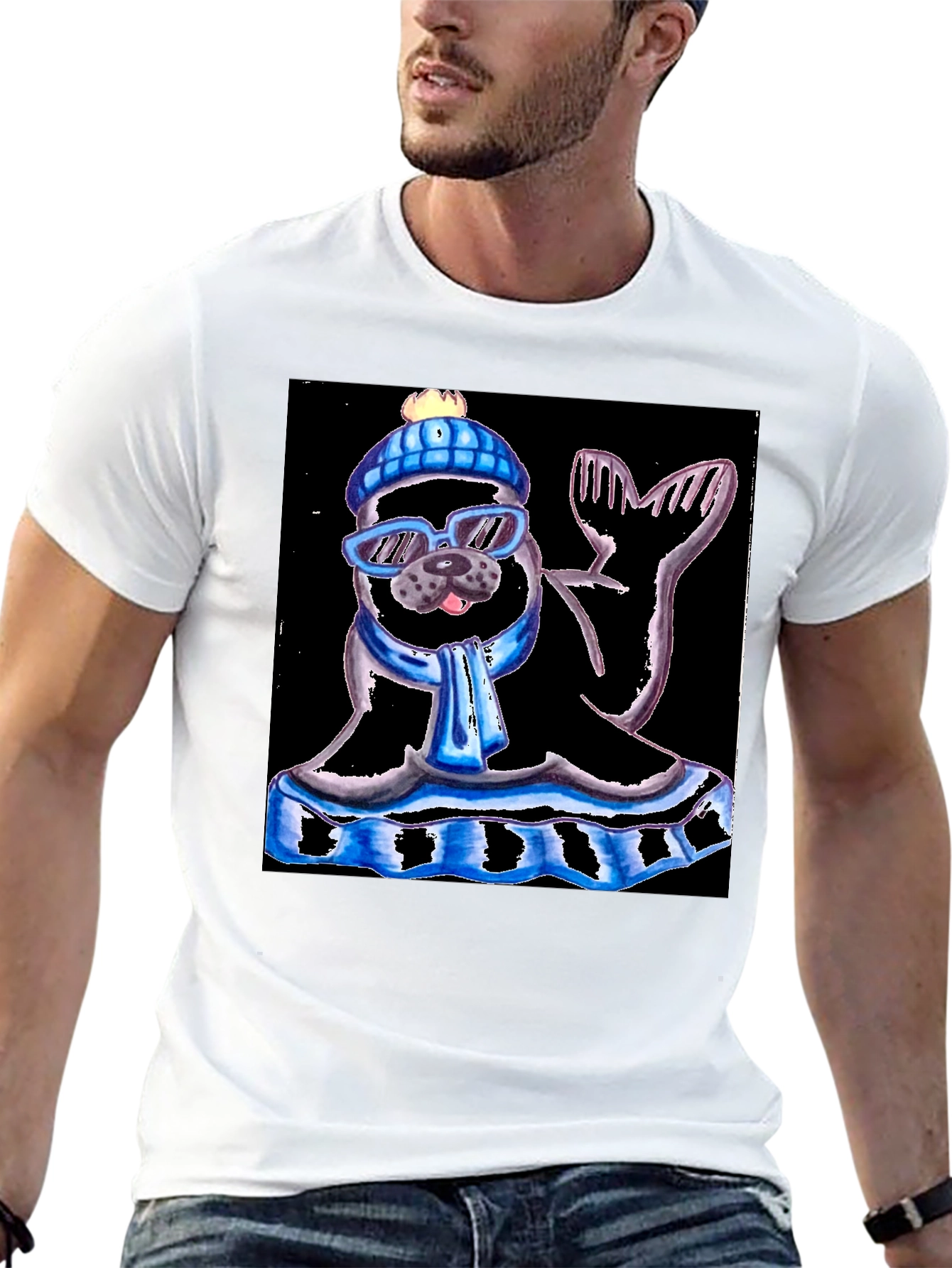Seal with Hat and Shades Black T-Shirt