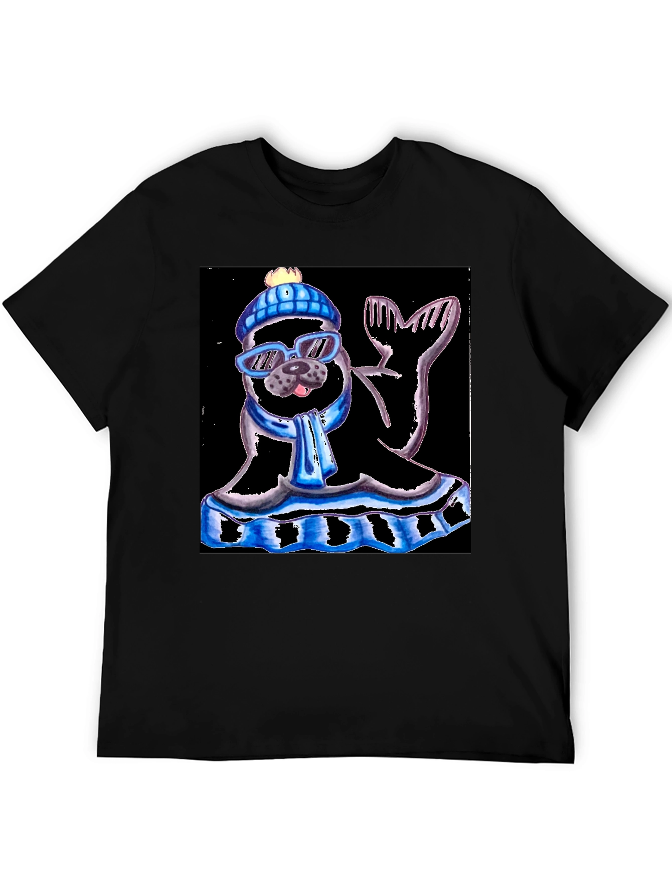 Seal with Hat and Shades Black T-Shirt