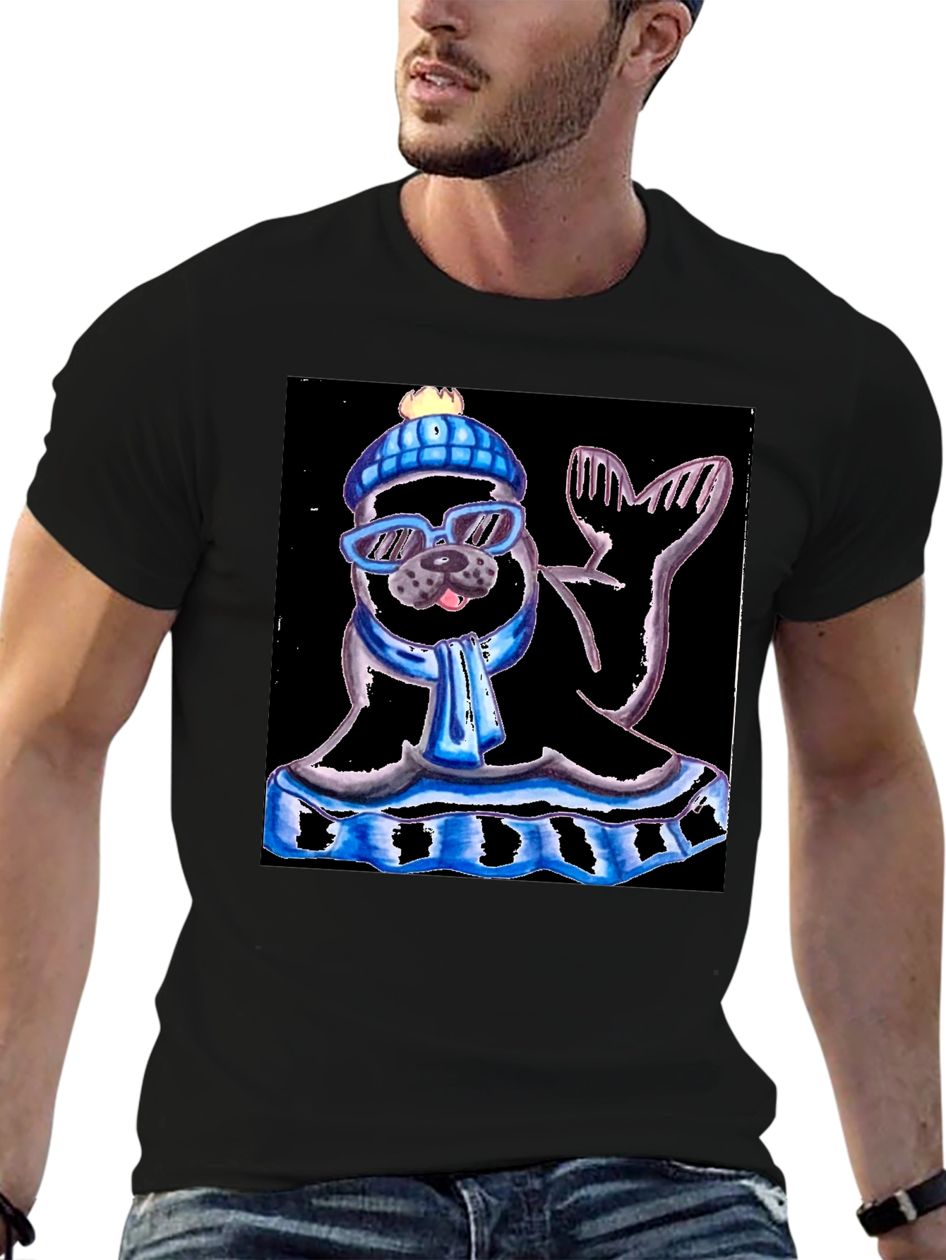 Seal with Hat and Shades Black T-Shirt