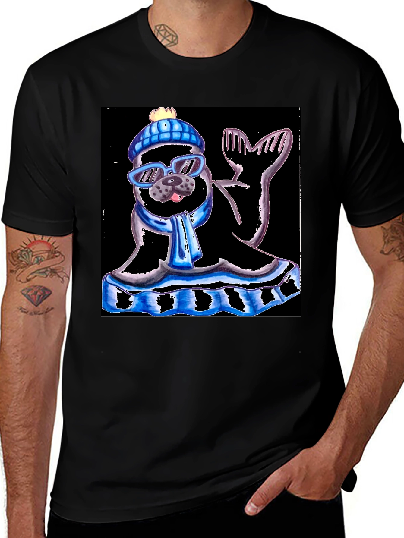 Seal with Hat and Shades Black T-Shirt