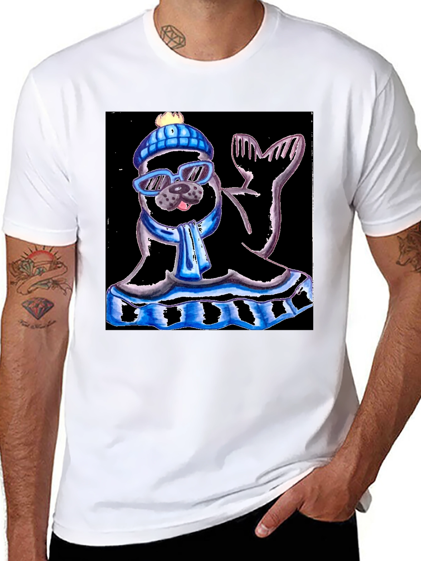 Seal with Hat and Shades Black T-Shirt