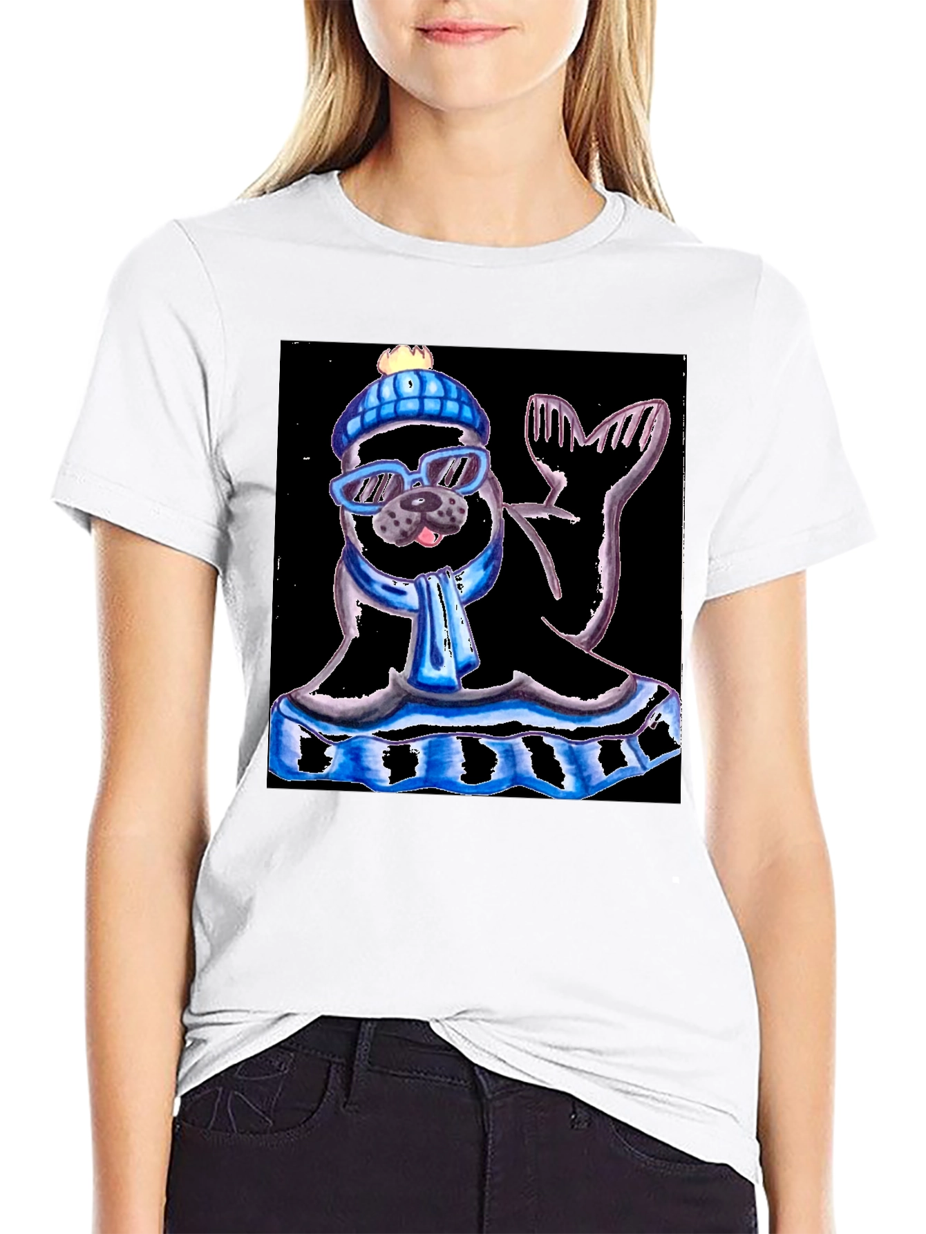 Seal with Hat and Shades Black T-Shirt