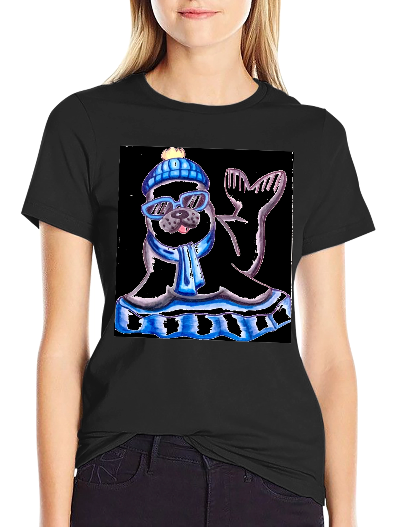 Seal with Hat and Shades Black T-Shirt
