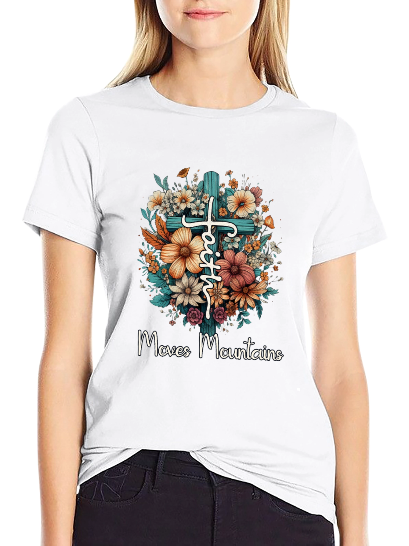 Faith Moves Mountains Floral Cross T-Shirt