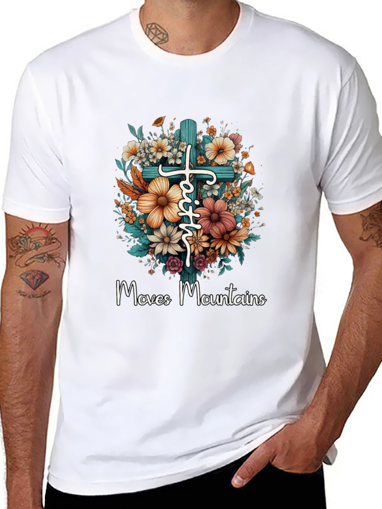 Faith Moves Mountains Floral Cross T-Shirt
