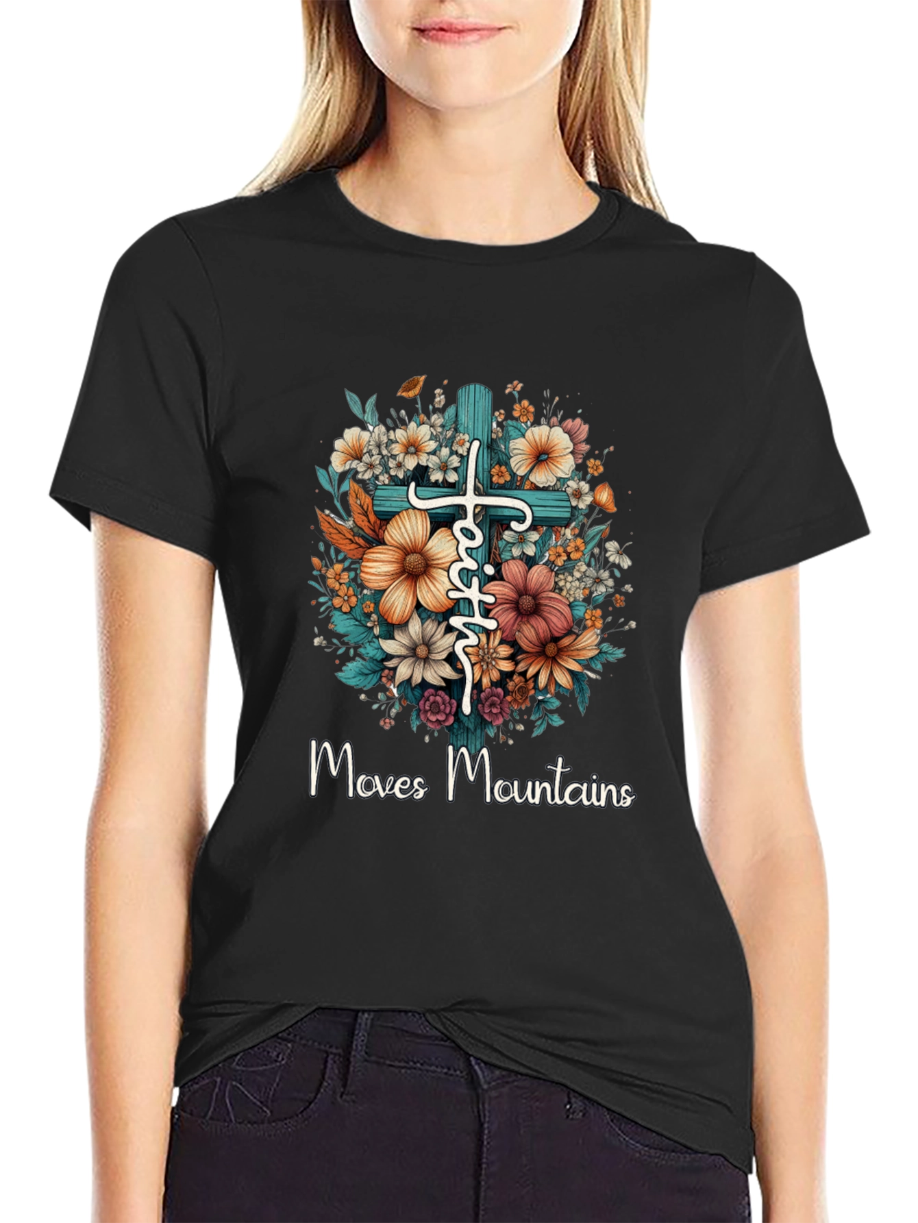 Faith Moves Mountains Floral Cross T-Shirt