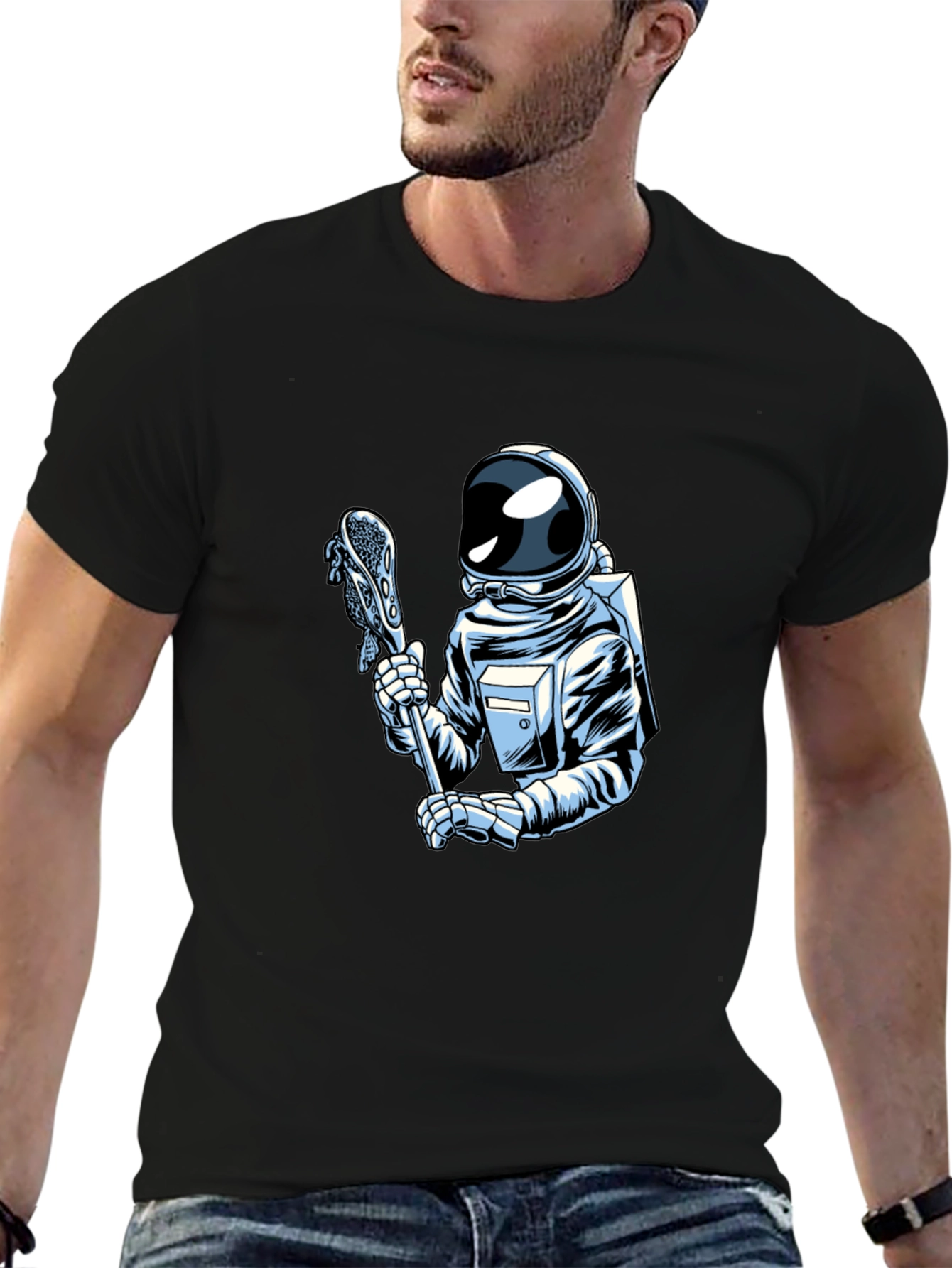 Astronaut Lacrosse Player Graphic T-Shirt - Cool Space Design