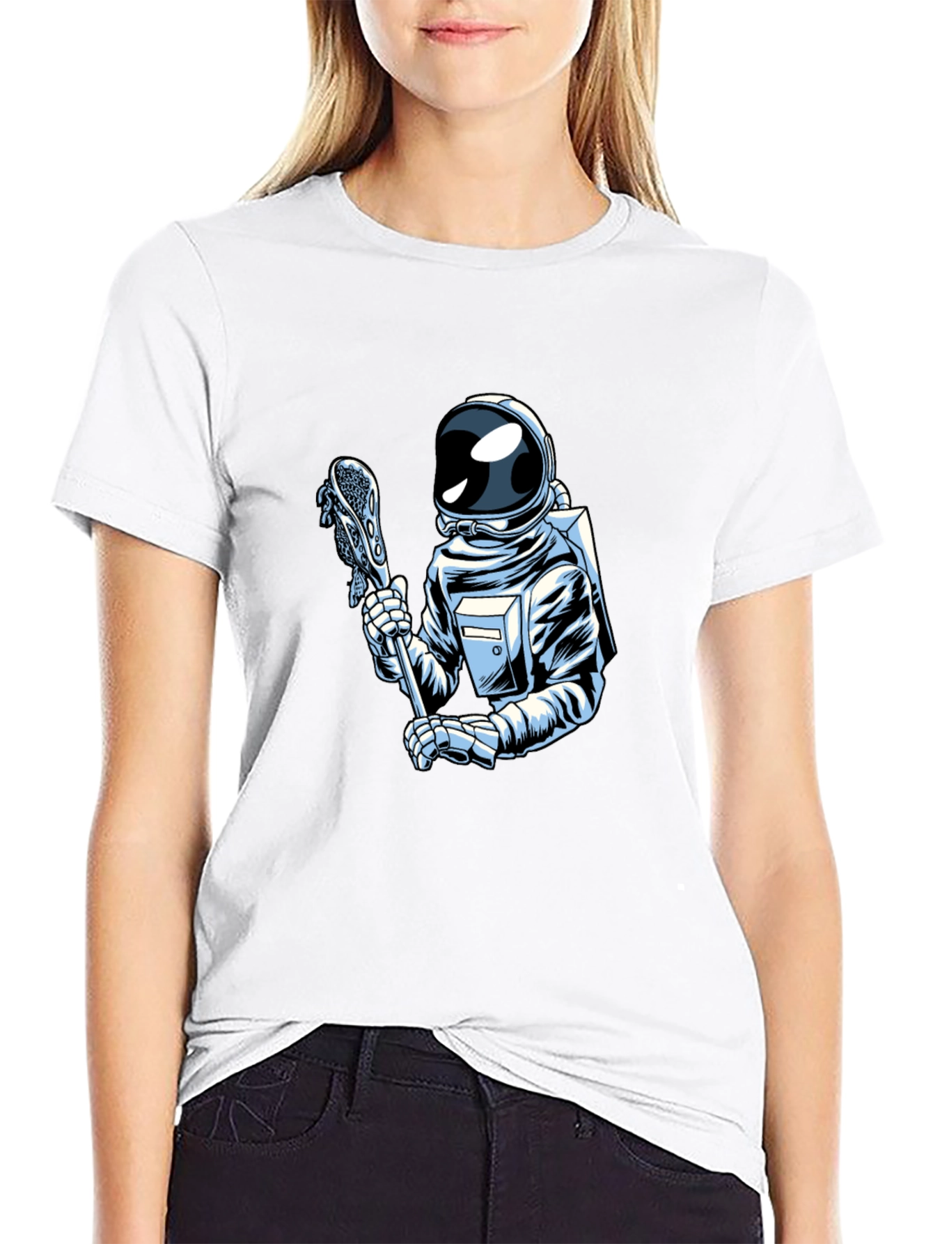 Astronaut Lacrosse Player Graphic T-Shirt - Cool Space Design