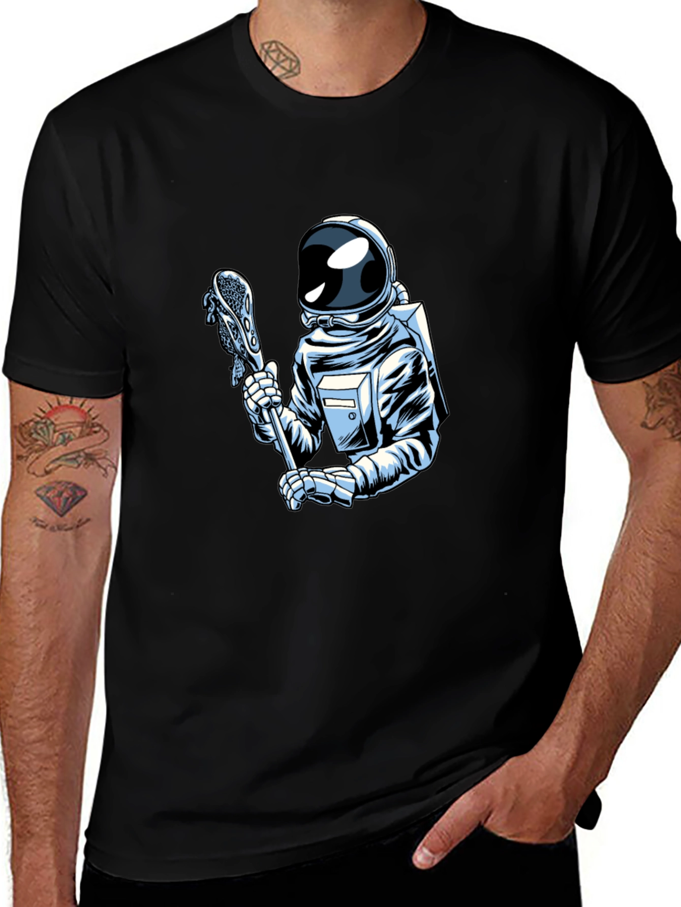Astronaut Lacrosse Player Graphic T-Shirt - Cool Space Design