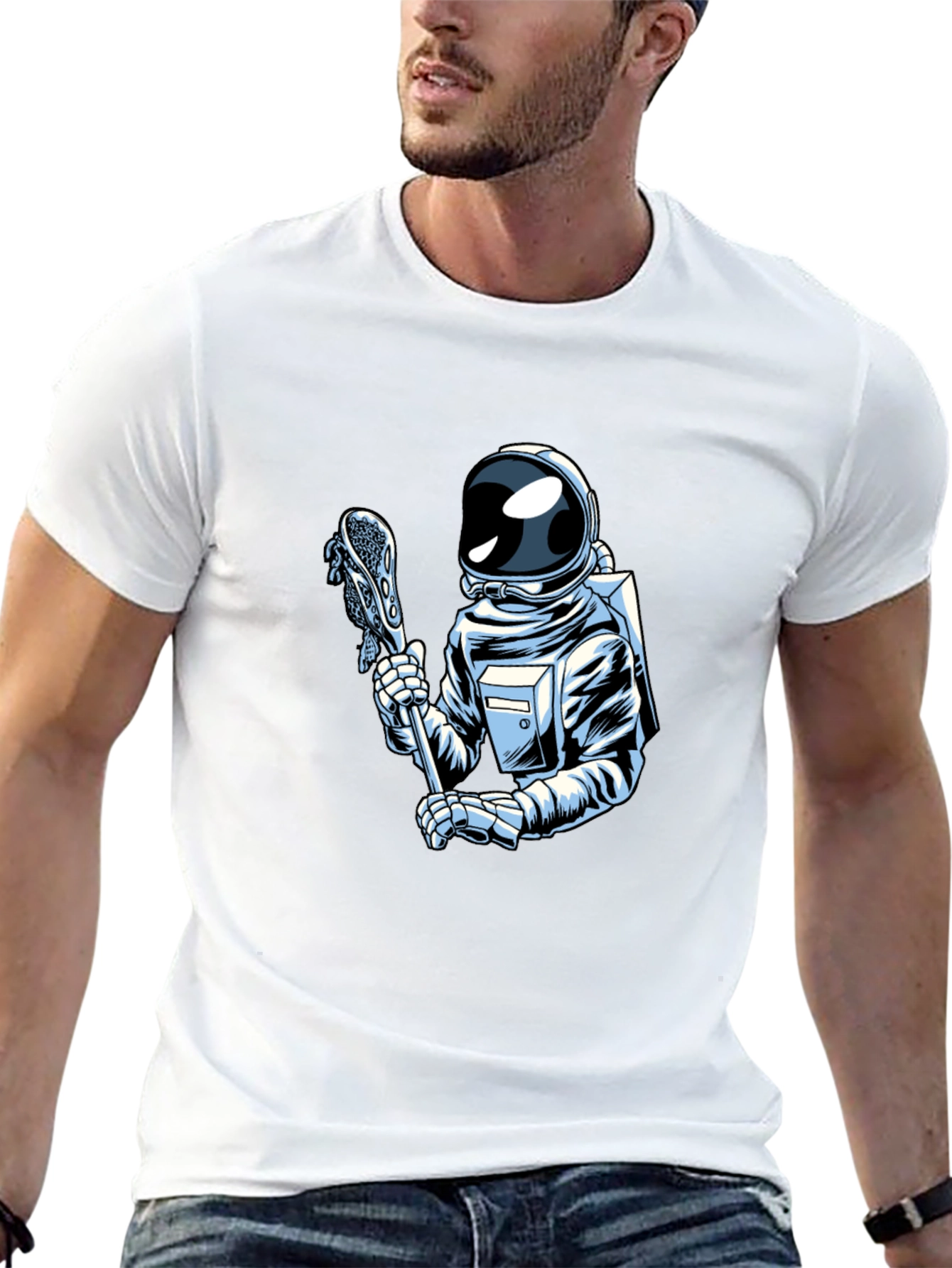 Astronaut Lacrosse Player Graphic T-Shirt - Cool Space Design