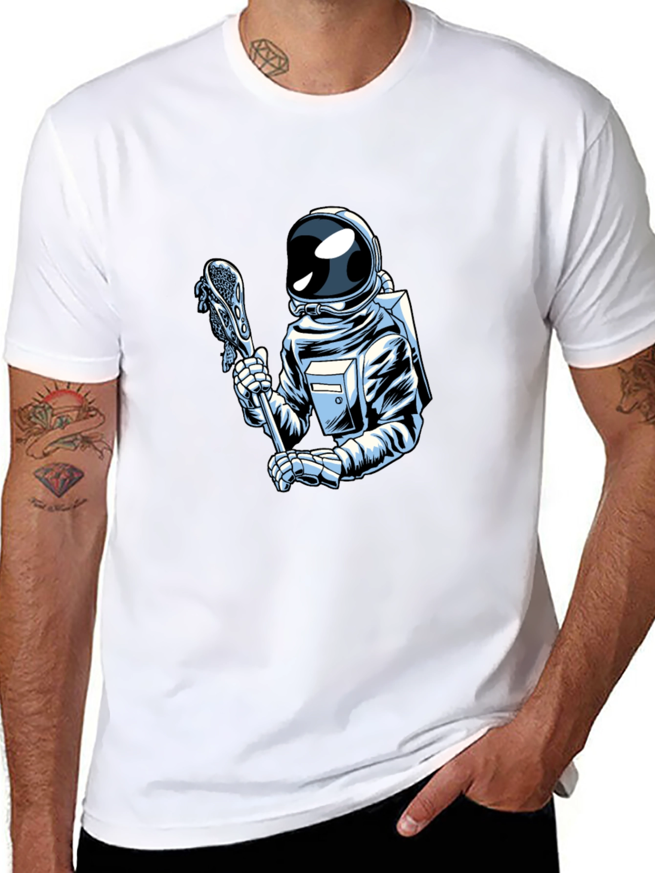 Astronaut Lacrosse Player Graphic T-Shirt - Cool Space Design