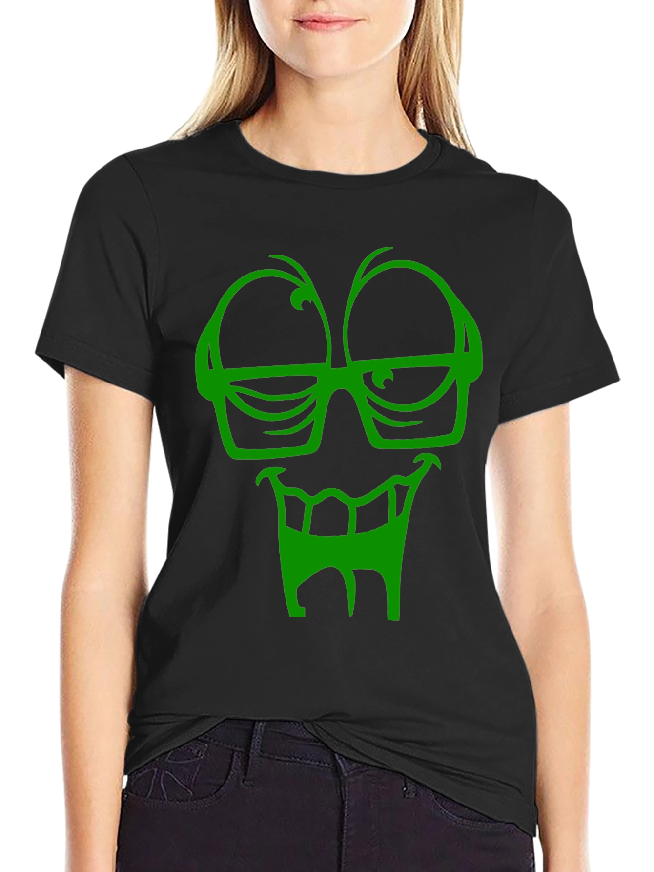 Funky Green Face Graphic Black T-Shirt