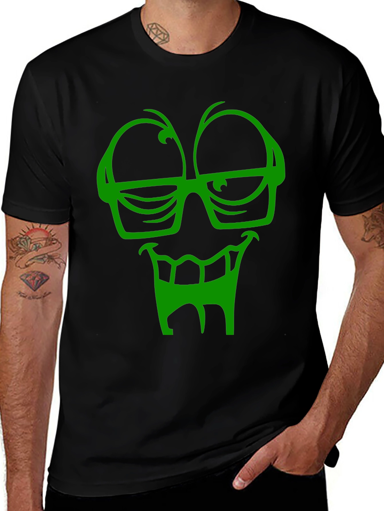 Funky Green Face Graphic Black T-Shirt