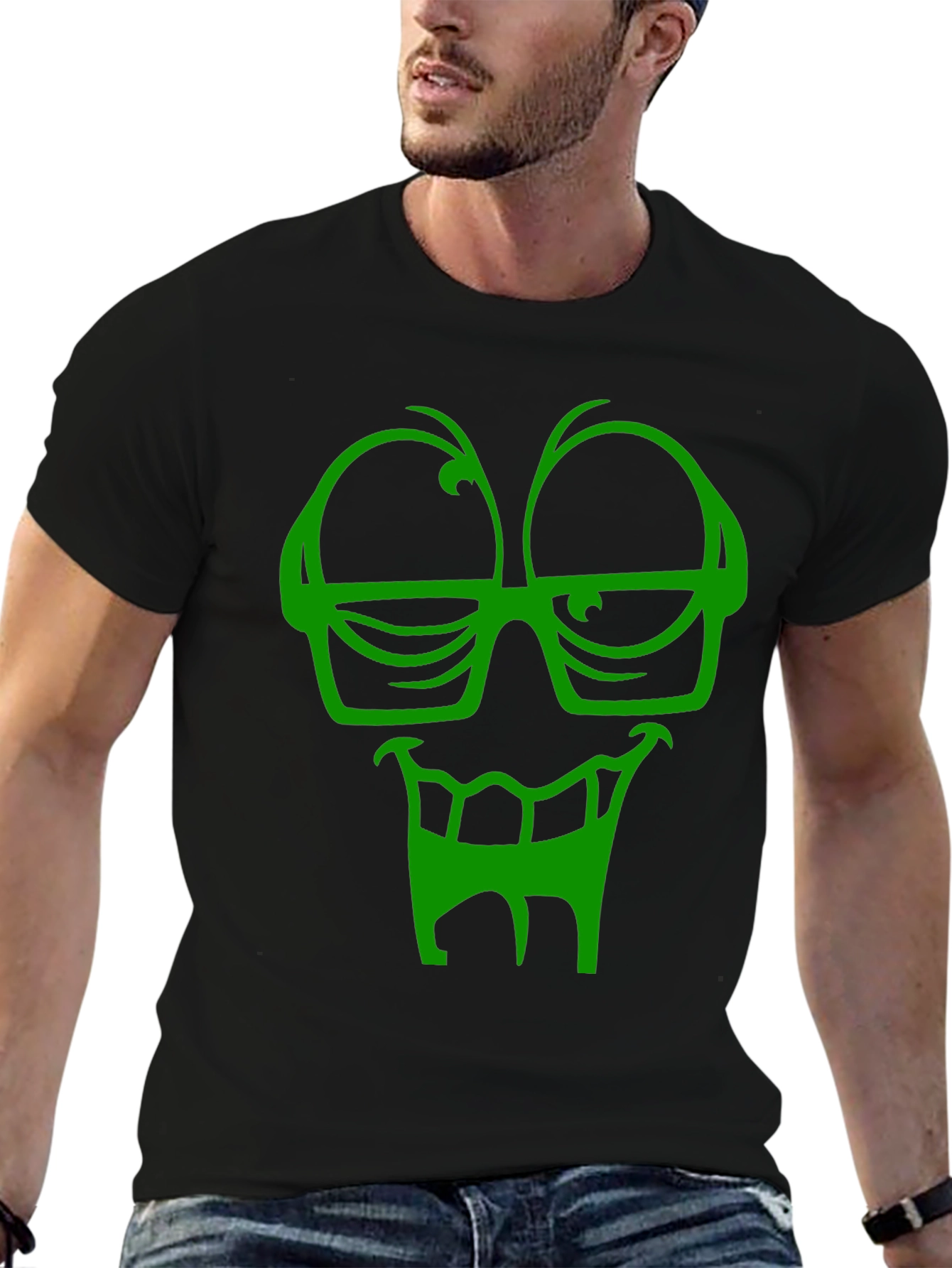 Funky Green Face Graphic Black T-Shirt