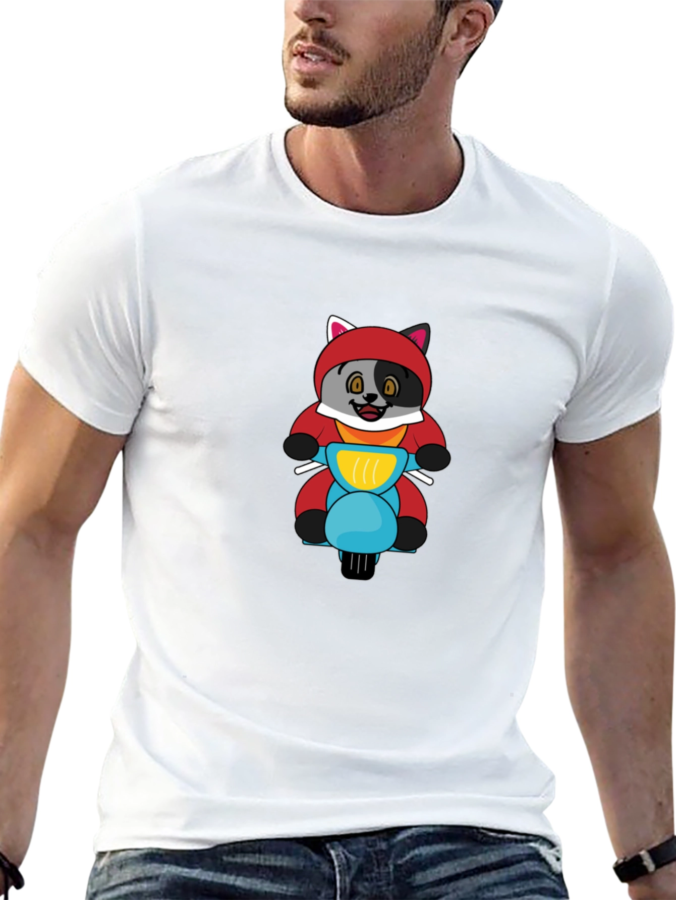 Cartoon Fox on Scooter Mens Black T-Shirt