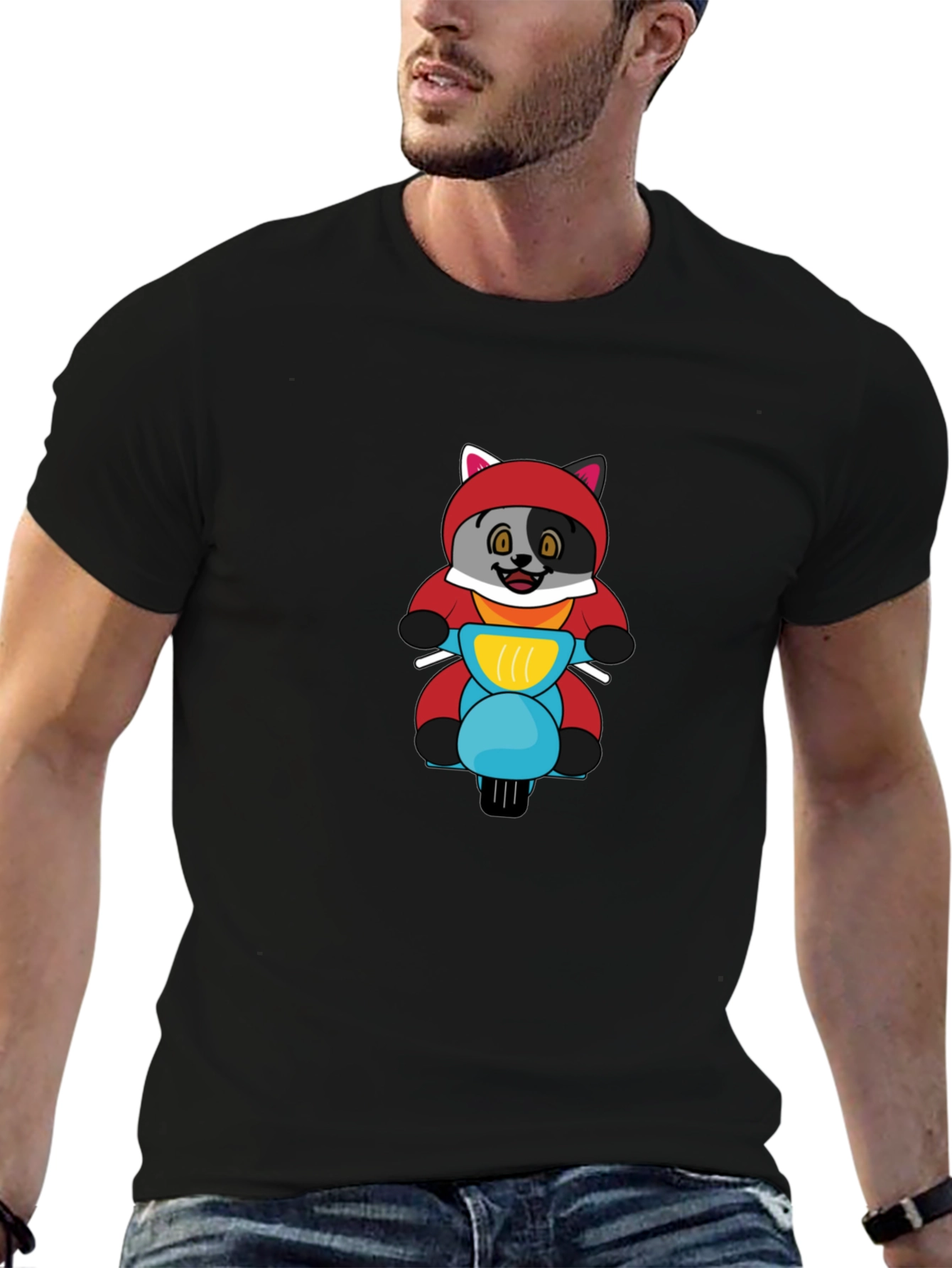 Cartoon Fox on Scooter Mens Black T-Shirt