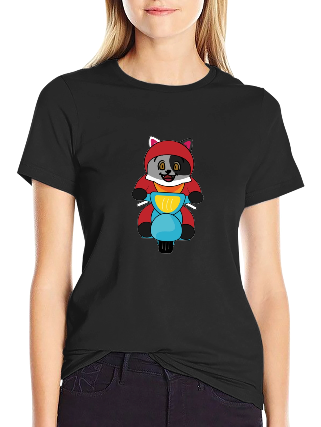 Cartoon Fox on Scooter Mens Black T-Shirt
