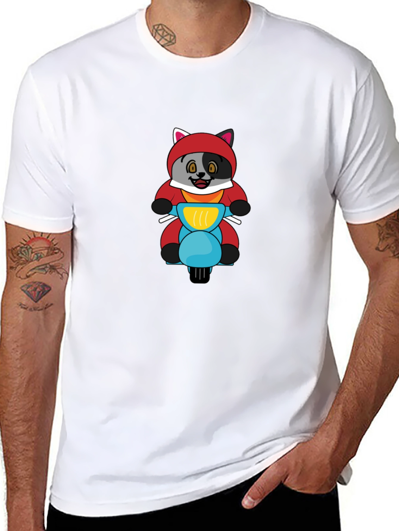 Cartoon Fox on Scooter Mens Black T-Shirt
