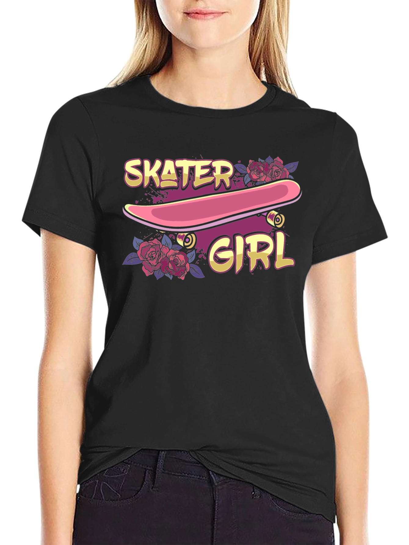Skater Girl Graphic T-Shirt - Black Crew Neck Tee