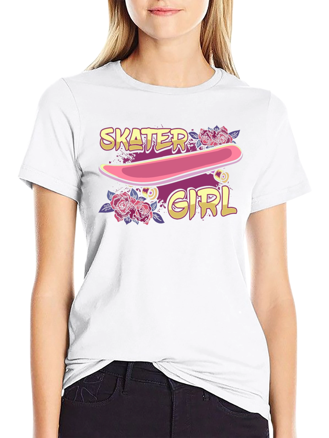 Skater Girl Graphic T-Shirt - Black Crew Neck Tee