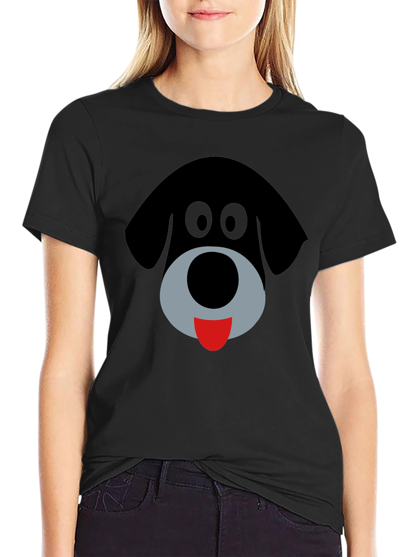 Cartoon Dog Face Black Graphic T-Shirt