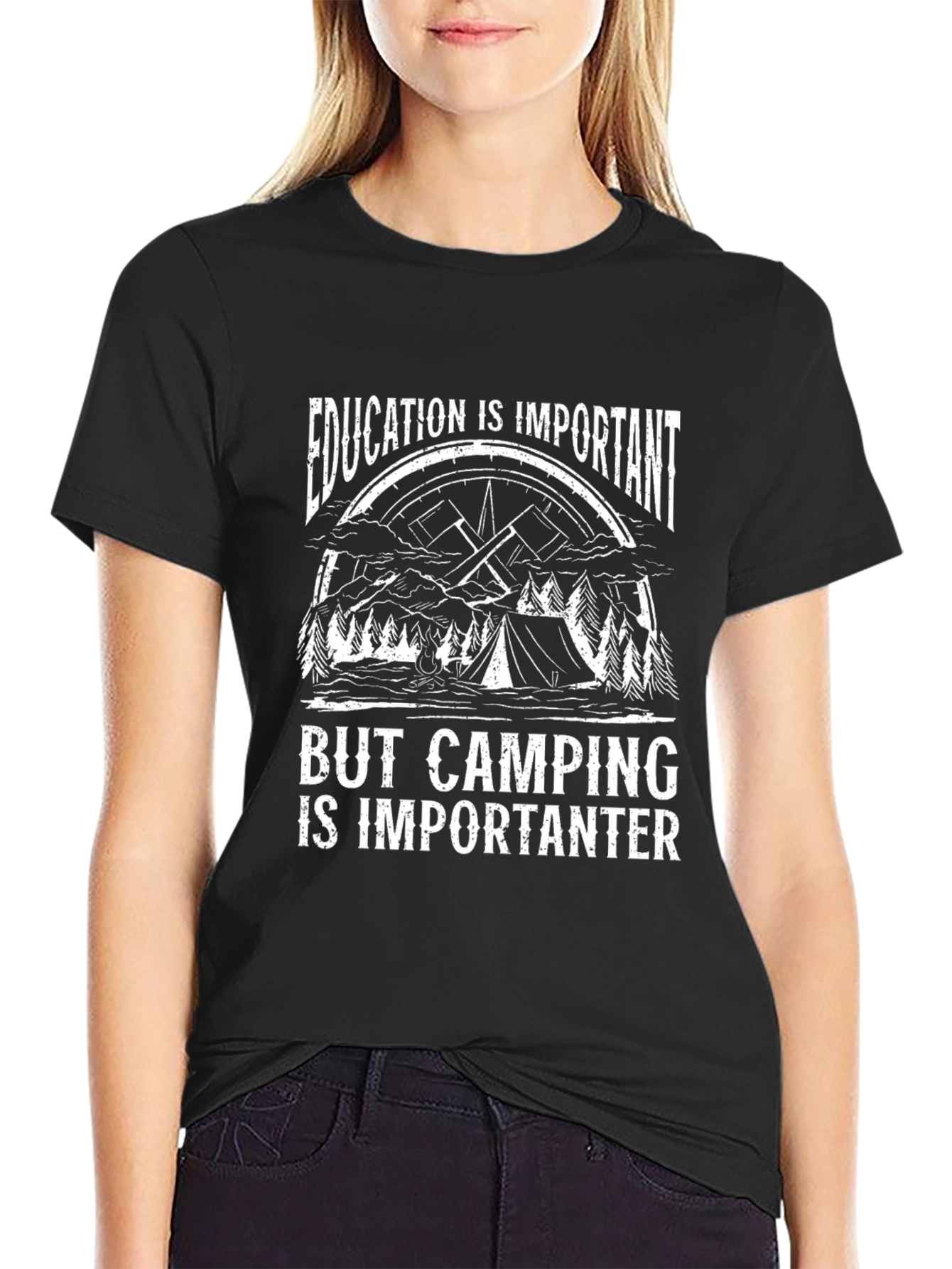 Camping Humor T-Shirt: Education vs. Camping