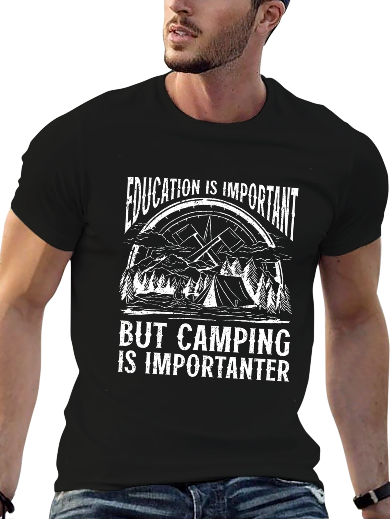 Camping Humor T-Shirt: Education vs. Camping
