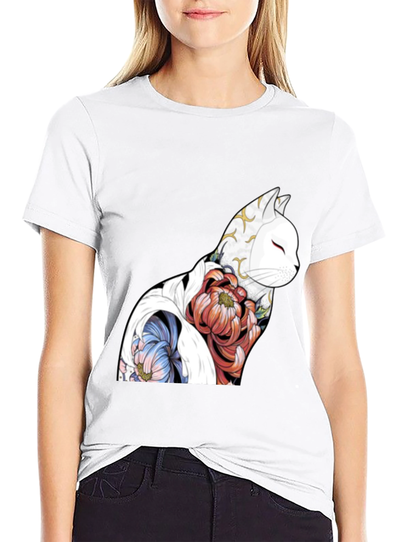 Floral Cat Graphic Black T-Shirt